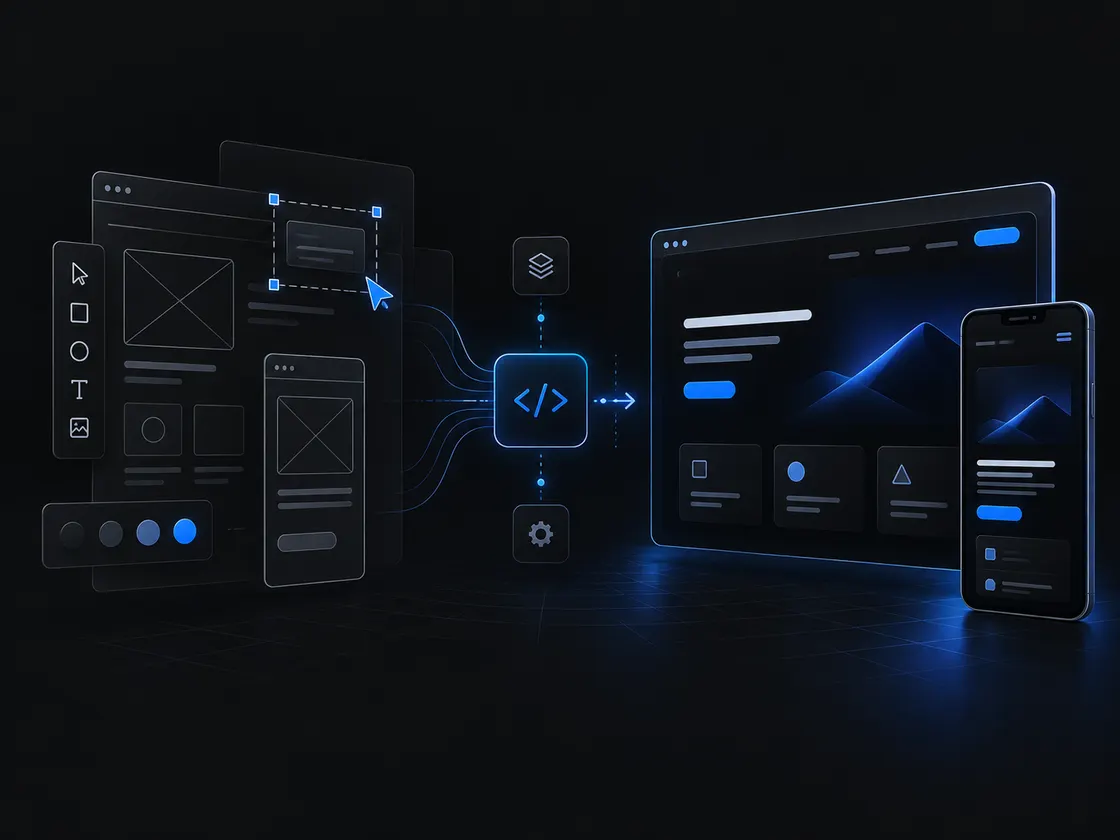 Wireframes and design tools on the left flowing through code into a finished interface on a desktop and a phone.