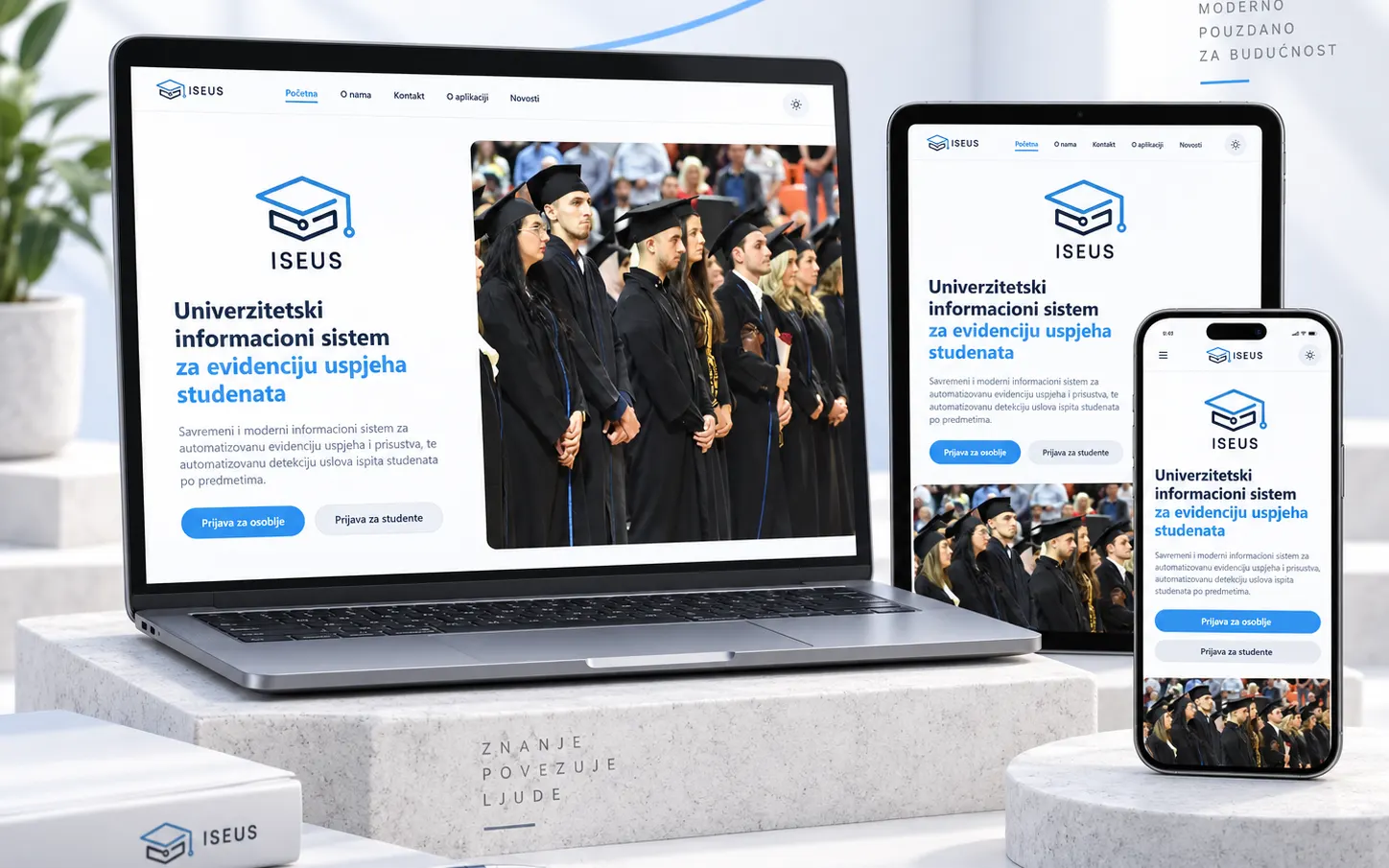 The ISEUS university information system shown on a laptop, tablet and phone.