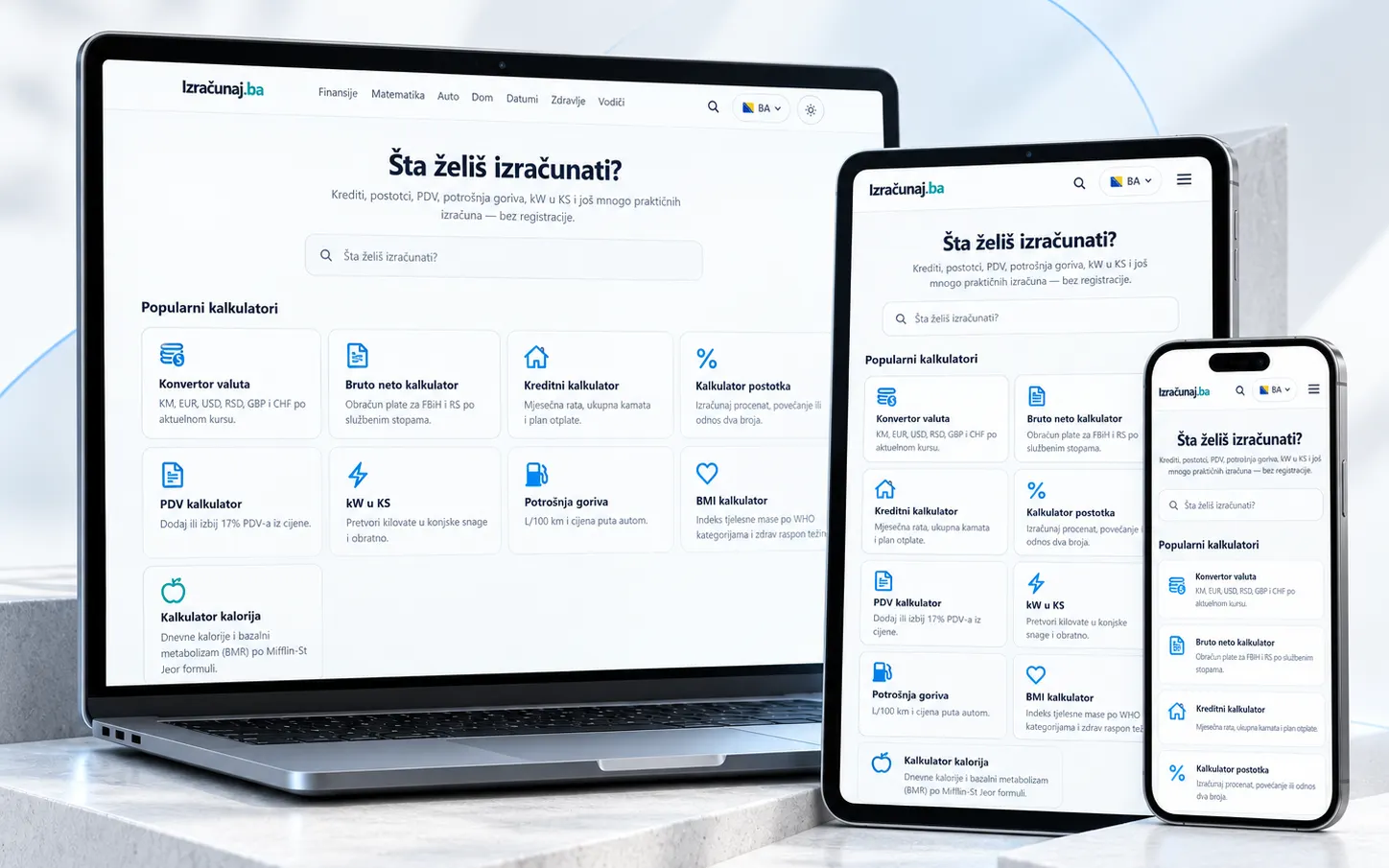 The Izračunaj.ba calculator platform shown on a laptop, tablet and phone.